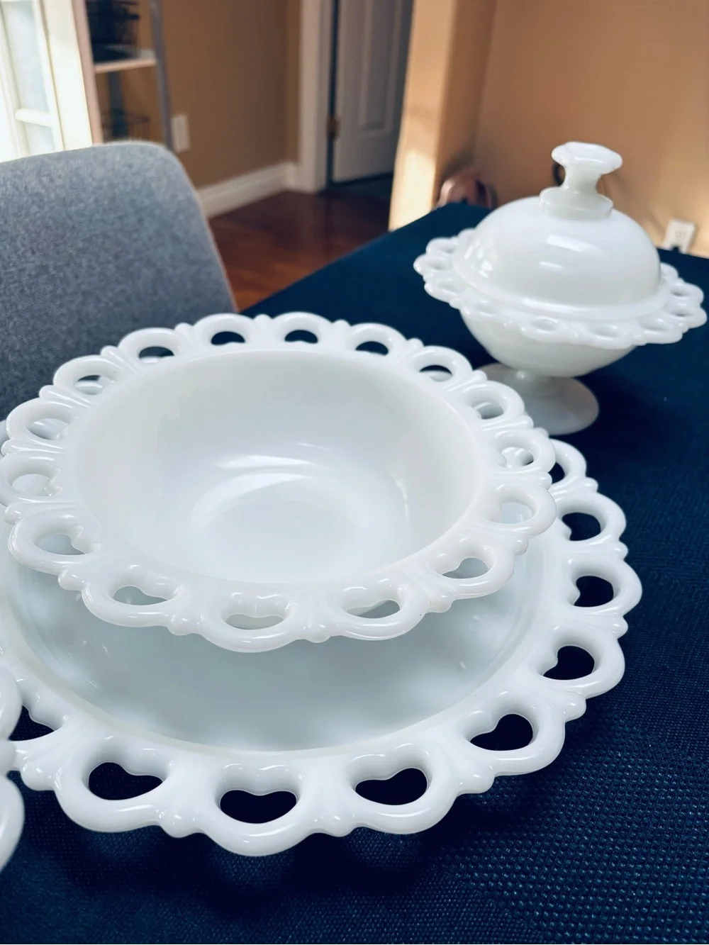 Fire King White Lace-Edge Milk Glass Bowl and Platter Set
